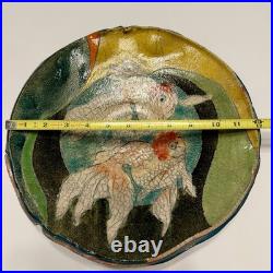 VTG Raku Studio Art Pottery 12 Bowl Signed Nora Crackle Glaze Koi Fish Metallic