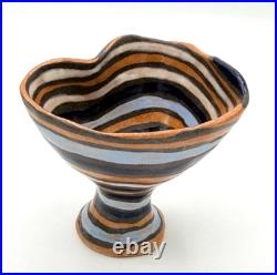 VTG Studio Pottery Striped Pedestal Bowl Signed MCM Wavy Rim Small