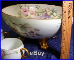 VTG Tresseman & Vogt Limoges Porcelain Footed Punch Bowl 5 Tea Cups Hand Painted