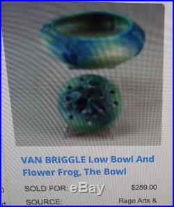 Van Briggle Low Bowl Planter with Flower Frog Blue Aqua Vintage Dragonfly