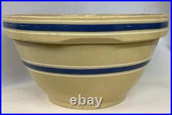 Vintage 11 1/4 Yellow Ware Blue & White 6 Banded Oven Ware Mixing Bowl CLEAN