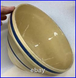 Vintage 11 1/4 Yellow Ware Blue & White 6 Banded Oven Ware Mixing Bowl CLEAN