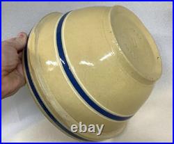Vintage 11 1/4 Yellow Ware Blue & White 6 Banded Oven Ware Mixing Bowl CLEAN