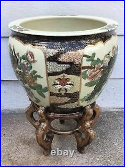 Vintage 14.5 Oriental Pottery Jardiniere Koi Fish Bowl Planter Pot Vase WithStand