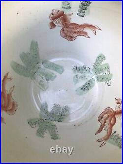 Vintage 14.5 Oriental Pottery Jardiniere Koi Fish Bowl Planter Pot Vase WithStand