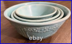 Vintage 1930s Homer Laughlin Apple Tree Nesting Mixing Bowls Aqua Blue Set of 4