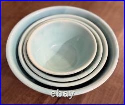 Vintage 1930s Homer Laughlin Apple Tree Nesting Mixing Bowls Aqua Blue Set of 4 Vintage 1930s Homer Laughlin Apple Tree Nesting Mixing Bowls Aqua Blue Set of 4