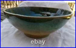 Vintage 1949 Green Hand Crafted Glazed Pottery Round Bowl Signed 10 Farmhouse