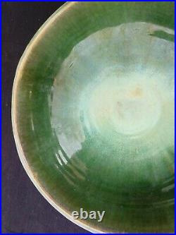 Vintage 1949 Green Hand Crafted Glazed Pottery Round Bowl Signed 10 Farmhouse