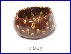 Vintage 1970s Signed Pottery Bowl Small Handmade Owens Abstract Brown Red Yellow