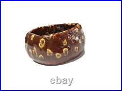 Vintage 1970s Signed Pottery Bowl Small Handmade Owens Abstract Brown Red Yellow