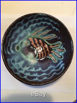 Vintage 1989 Harding Black Pottery Bowl with Fish Beautiful Coloring