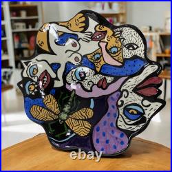 Vintage 1996 Doreen Baskin Art Pottery Avant Garde Surrealist Faces Footed Bowl