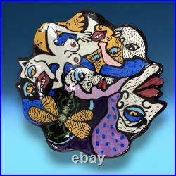 Vintage 1996 Doreen Baskin Art Pottery Avant Garde Surrealist Faces Footed Bowl