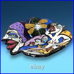Vintage 1996 Doreen Baskin Art Pottery Avant Garde Surrealist Faces Footed Bowl