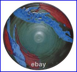 Vintage ARTISAN CRAFTED Green, Red, & Blue Glazed Pottery Gallery Bowl 12.5 USA