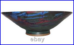 Vintage ARTISAN CRAFTED Green, Red, & Blue Glazed Pottery Gallery Bowl 12.5 USA