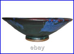Vintage ARTISAN CRAFTED Green, Red, & Blue Glazed Pottery Gallery Bowl 12.5 USA