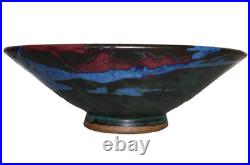 Vintage ARTISAN CRAFTED Green, Red, & Blue Glazed Pottery Gallery Bowl 12.5 USA
