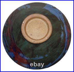 Vintage ARTISAN CRAFTED Green, Red, & Blue Glazed Pottery Gallery Bowl 12.5 USA