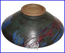 Vintage ARTISAN CRAFTED Green, Red, & Blue Glazed Pottery Gallery Bowl 12.5 USA