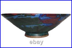 Vintage ARTISAN CRAFTED Green, Red, & Blue Glazed Pottery Gallery Bowl 12.5 USA
