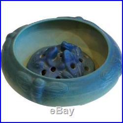Vintage American Van Briggle Pottery Matte Blue Moth Low Bowl and Flower Frog c