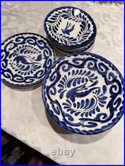 Vintage Anfora Mexico Blue & White Ceramic Bowl 8 Hand Painted Mid Century