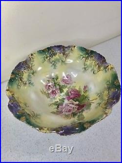 Vintage Antique RS PRUSSIA 10 1/2 in Floral Hand Painted Bowl Marked RED STAR