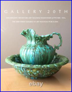 Vintage! Art Nouveau Pottery Wash Basin & Pitcher! Art Deco Montoya Bowl Green