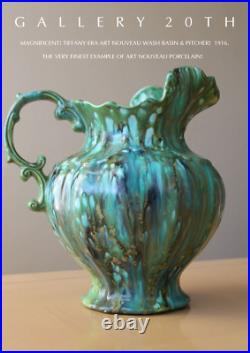 Vintage! Art Nouveau Pottery Wash Basin & Pitcher! Art Deco Montoya Bowl Green