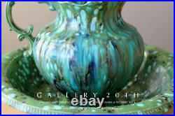 Vintage! Art Nouveau Pottery Wash Basin & Pitcher! Art Deco Montoya Bowl Green