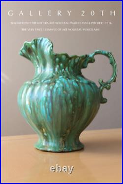 Vintage! Art Nouveau Pottery Wash Basin & Pitcher! Art Deco Montoya Bowl Green
