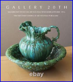 Vintage! Art Nouveau Pottery Wash Basin & Pitcher! Art Deco Montoya Bowl Green