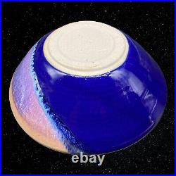 Vintage Art Pottery Cobalt Blue Glazed Curl Lip Bowl Signed 2.5T 8W
