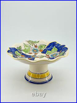 Vintage Art Pottery Large Centerpiece Pedestal Bowl Ring-Necked Dove Bird Italy