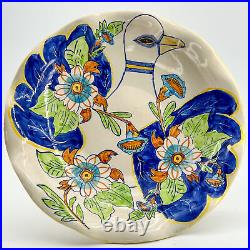 Vintage Art Pottery Large Centerpiece Pedestal Bowl Ring-Necked Dove Bird Italy