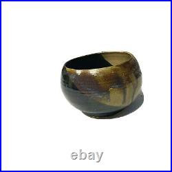 Vintage Artist Signed Pottery Bowl Drip Glaze Brown Black Green Linda 4 Ceramics
