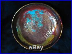 Vintage Arts Crafts Pewabic Pottery Iridescent Copper Red Blue Gold 9 Low Bowl