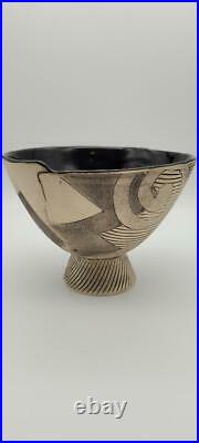 Vintage Ash 1988 Studio Art Pottery Post Modern Geometric Sgraffito Bowl Signed