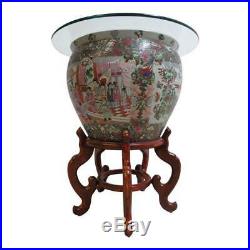 Vintage Asian Pottery Fish Bowl Stand Lamp End Table Pedestal A