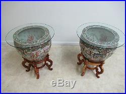 Vintage Asian Pottery Fish Bowl Stand Lamp End Table Pedestal A