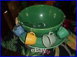 Vintage Bauer Pottery Ringware Jade Green 14 Punch Bowl, 17 Chop Plate, 10 Cups
