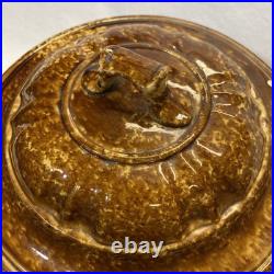 Vintage Bennington Rockingham Brown Glazed Ceramic Lidded Bowl FLAW