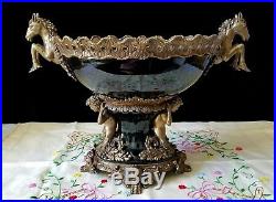Vintage Black Bronze Porcelain Castilian Centerpiece Bowl Cherubs Horses