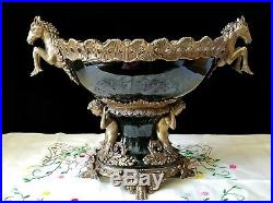 Vintage Black Bronze Porcelain Castilian Centerpiece Bowl Cherubs Horses