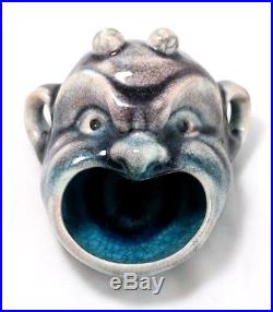 Vintage Blue Earthenware Horned Beast Mouth Figural Bowl