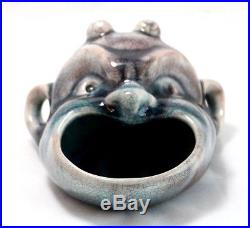 Vintage Blue Earthenware Horned Beast Mouth Figural Bowl