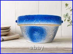Vintage Blue White Salt Glaze Stoneware Bowl w Side Handles Primitive Farmhouse