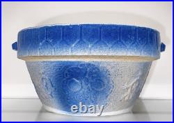 Vintage Blue White Salt Glaze Stoneware Bowl w Side Handles Primitive Farmhouse
